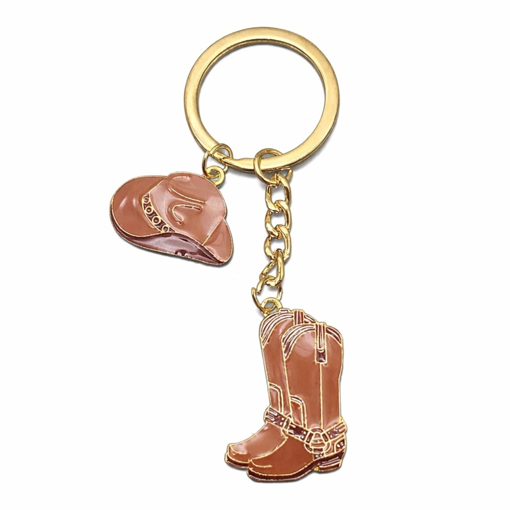 Gold Tone Brown Cowboy Boot & Hat Keychain